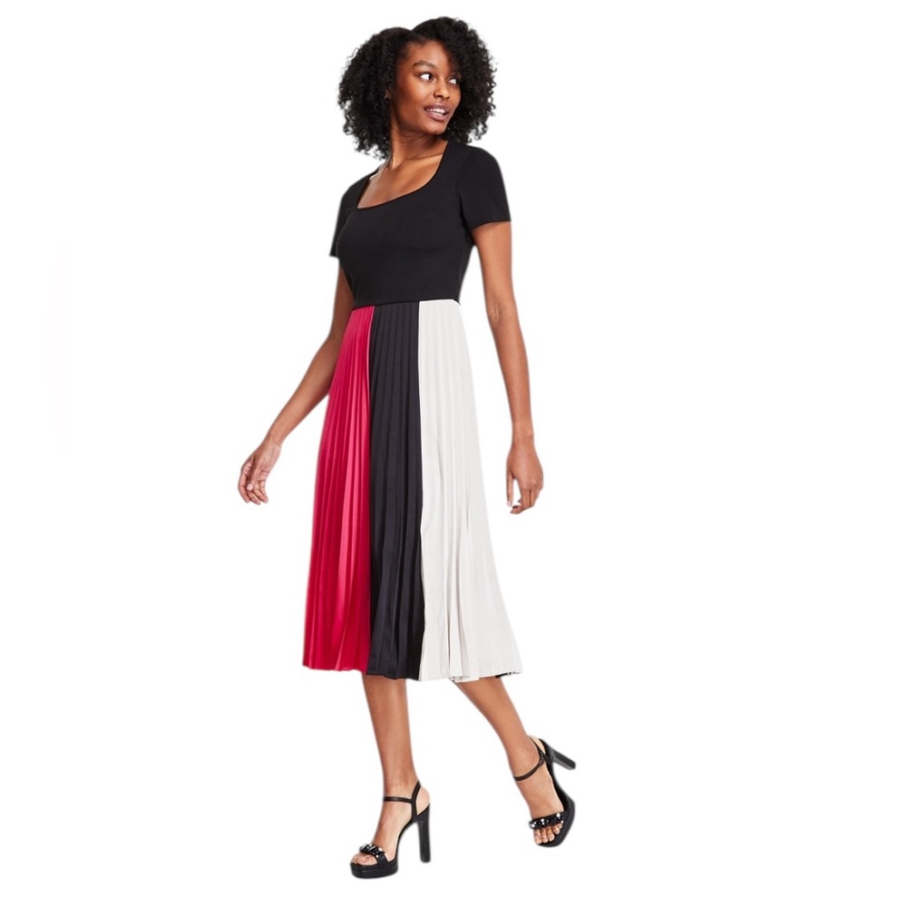 Karl Lagerfeld Colorblock Pleated Midi Dress Black Pink Size 12 NWT